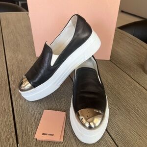 Miu Miu 5S905C Black Leather Logo Metal Cap Toe Platform Sneakers 37.5 (7.5)